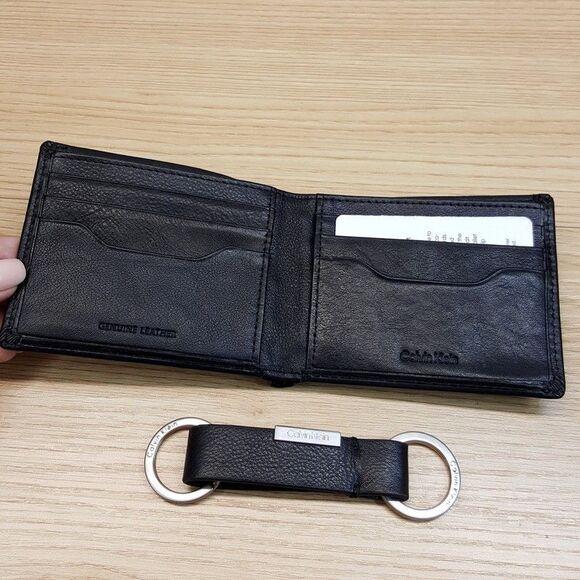 CALVIN KLEIN Mens Wallet Black Pebbled Leather Single Fold Card Holder Keychain - Picture 3 of 5